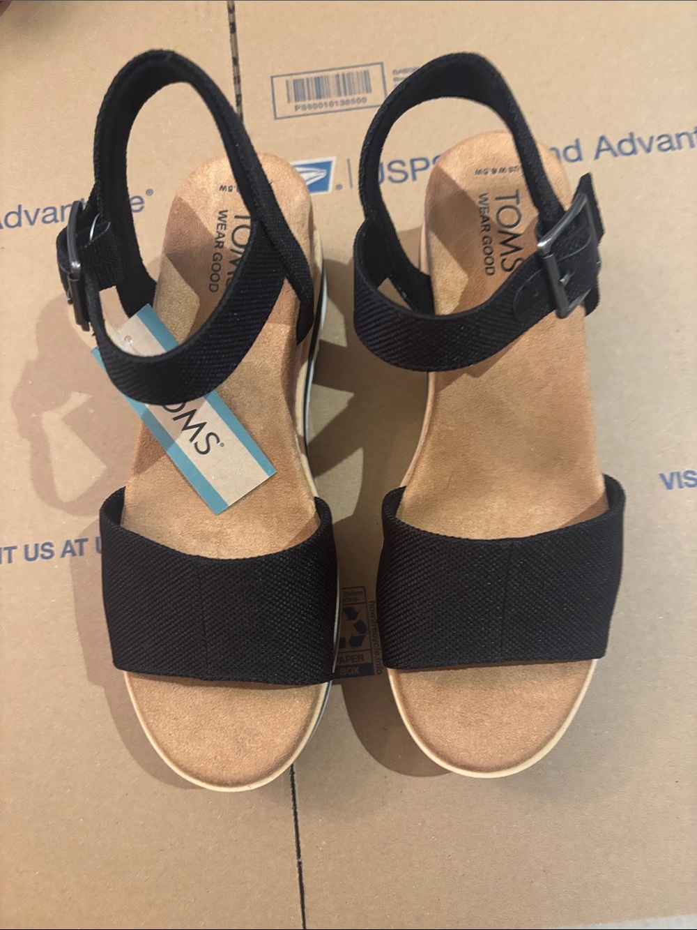 NWT TOMS Diana Black Wedge Sandals with Ankle Strap